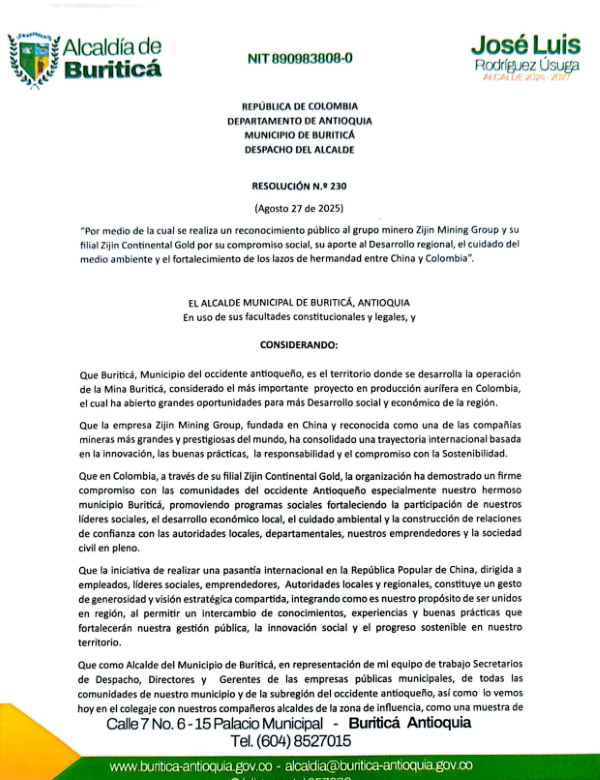 Municipio de Buriticá emite la Resolución N.º 230 reconociendo el aporte social de Zijin Mining